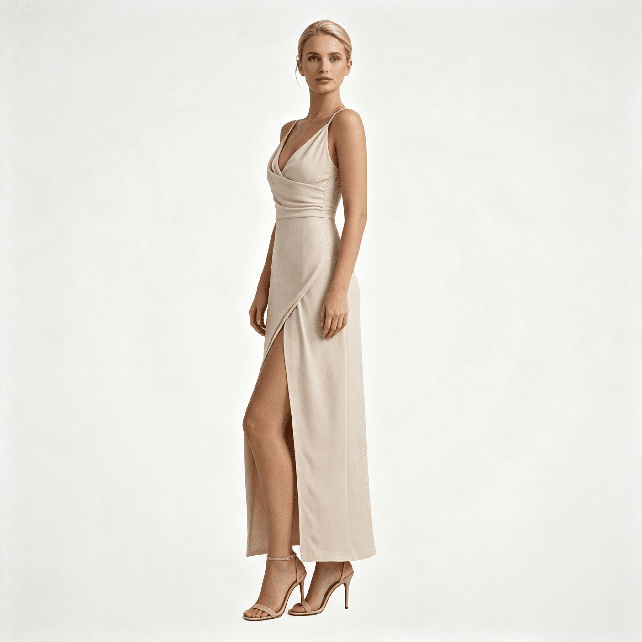 Womens Wedding Guest Slit Maxi Dress with Draped Bodic