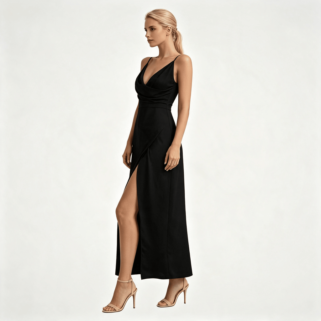 Womens Wedding Guest Slit Maxi Dress with Draped Bodic