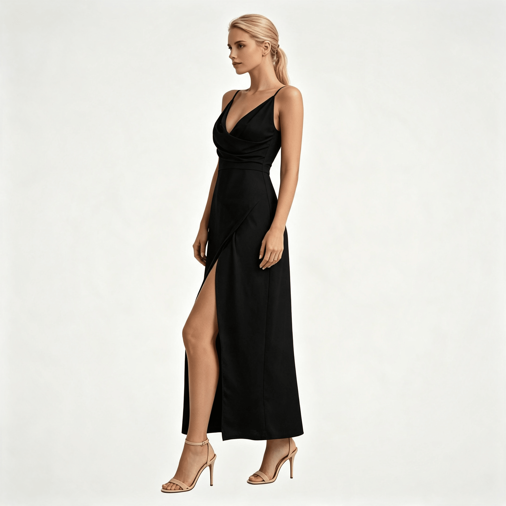Womens Wedding Guest Slit Maxi Dress with Draped Bodic